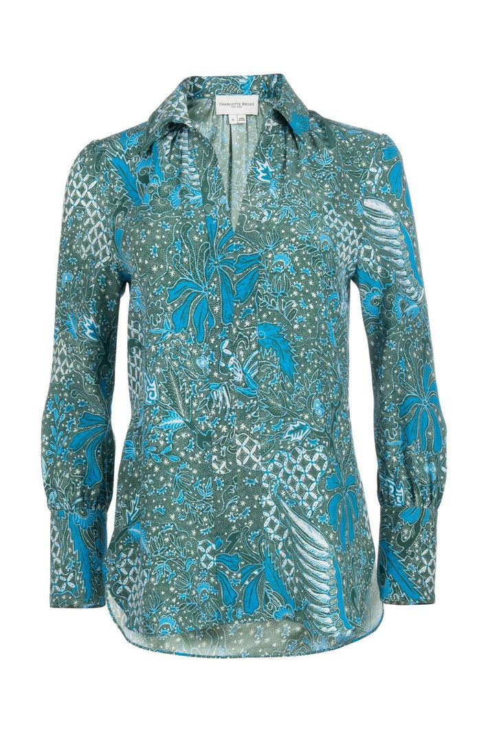 Laurel Blouse Aqua Trellis Silk Charmeuse
