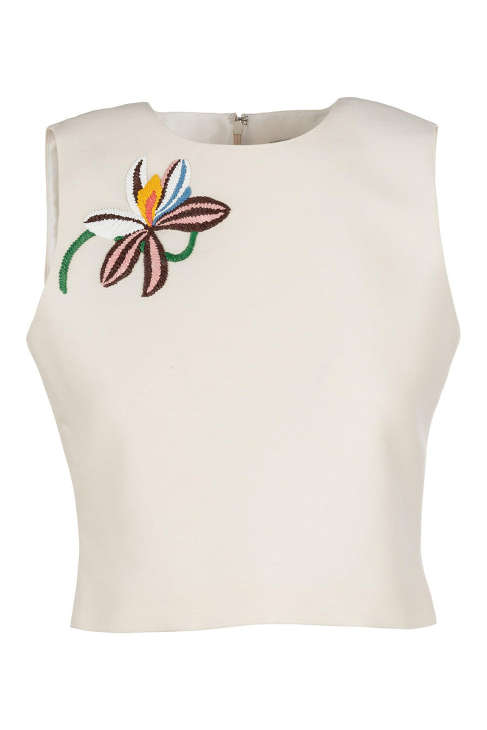 Crop Tank - Ivory Matte Silk Wool With Raffia Flower Embellishment