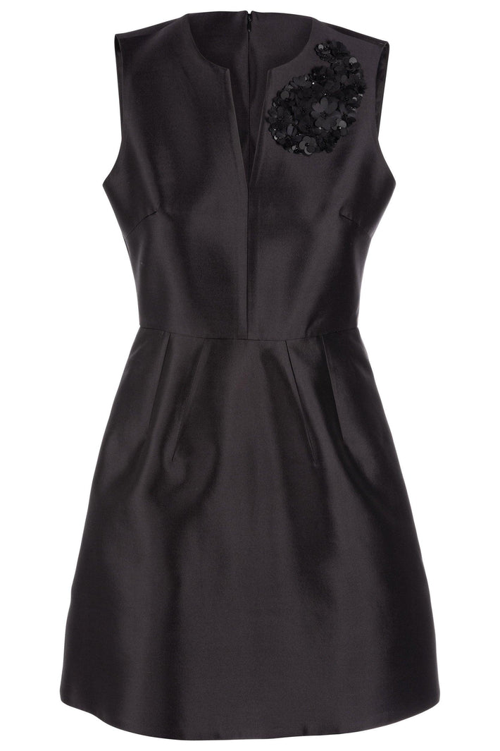 Slit Neck Bonita Dress - Black Silk Wool with Paisley Embellishment