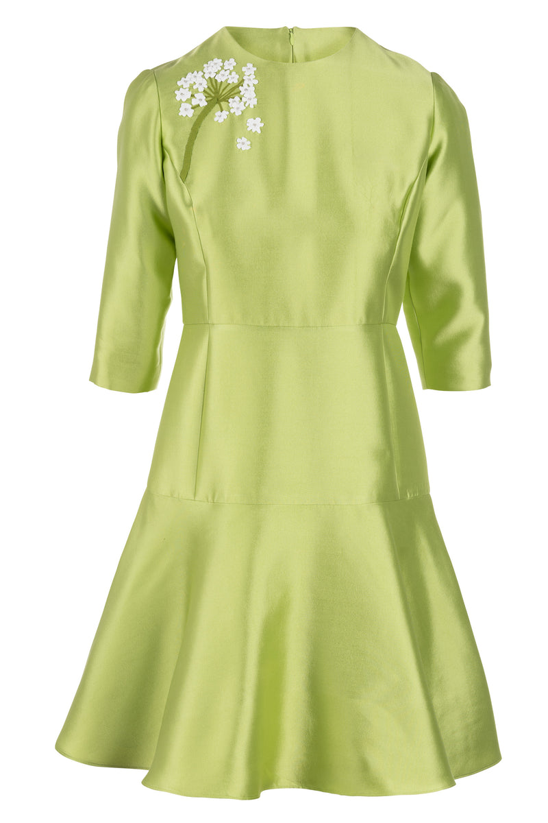 3/4 Sleeve Fit And Flare Dress - Chartreuse With Beaded Flower