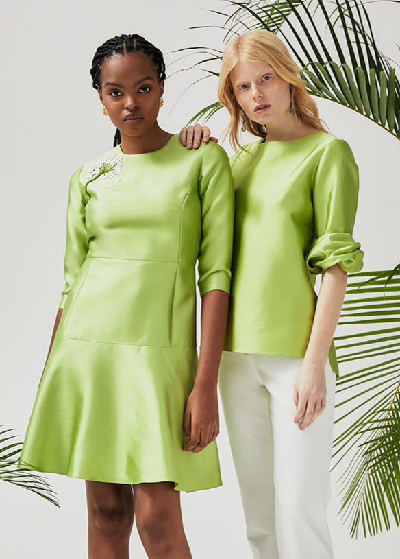 3/4 Sleeve Fit And Flare Dress - Chartreuse With Beaded Flower