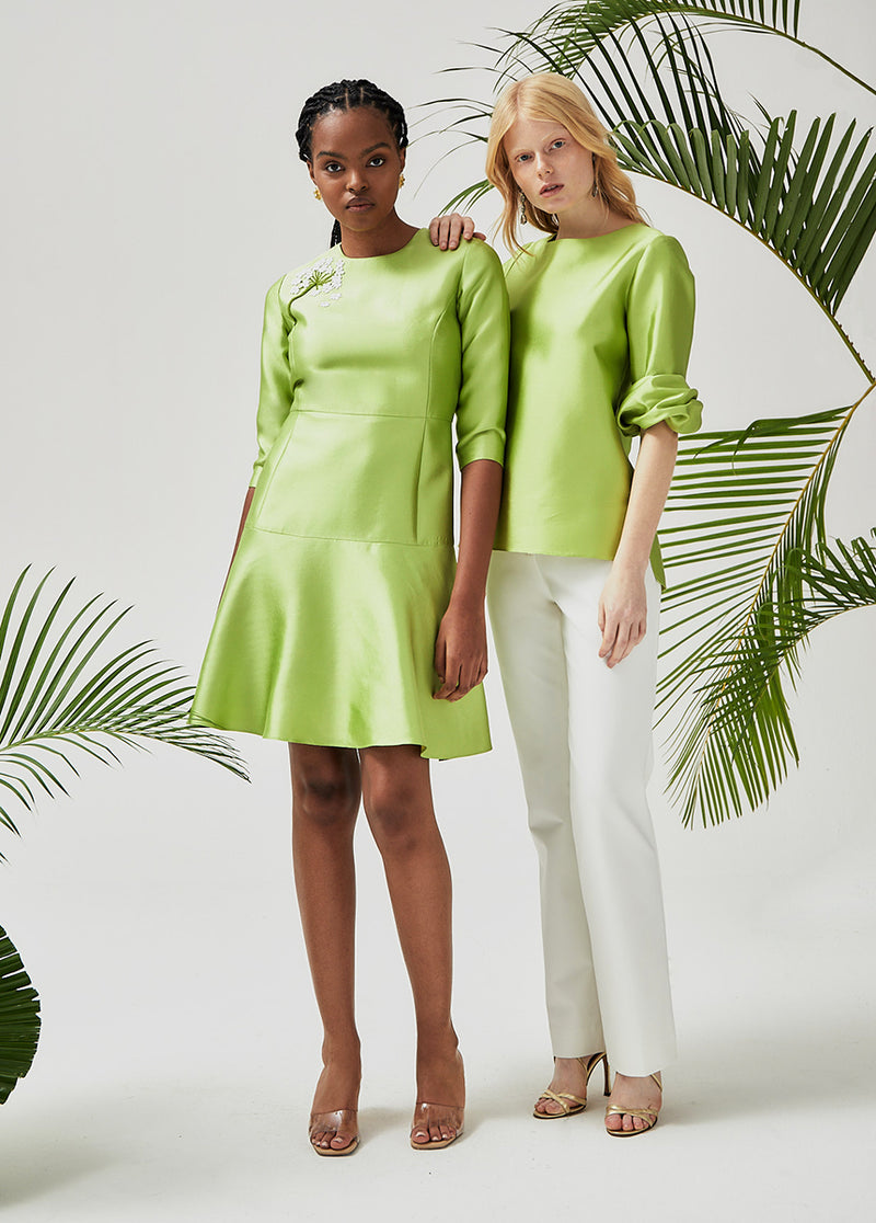 3/4 Sleeve Fit And Flare Dress - Chartreuse With Beaded Flower