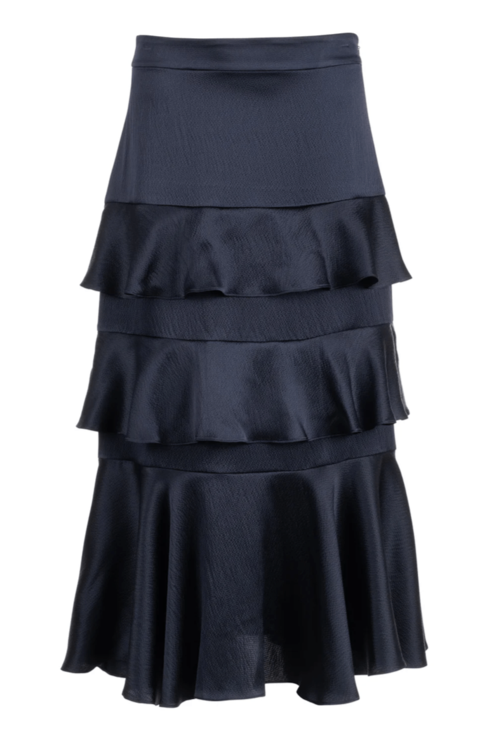 Cascade Ruffle Skirt - Navy Hammered Silk