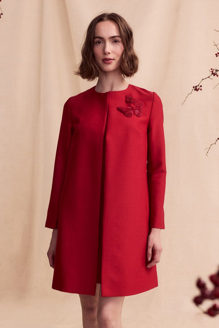 Vivien Coat - Red Matte Silk Wool w/ no Embellishment