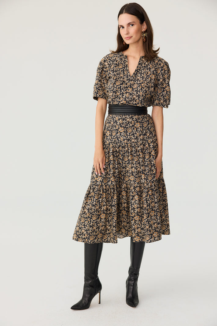 Tiered Midi Skirt - Amber Vine Sand Washed Silk