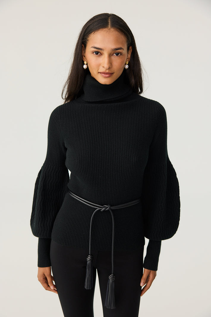 Bulb Sleeve Turtleneck - Black