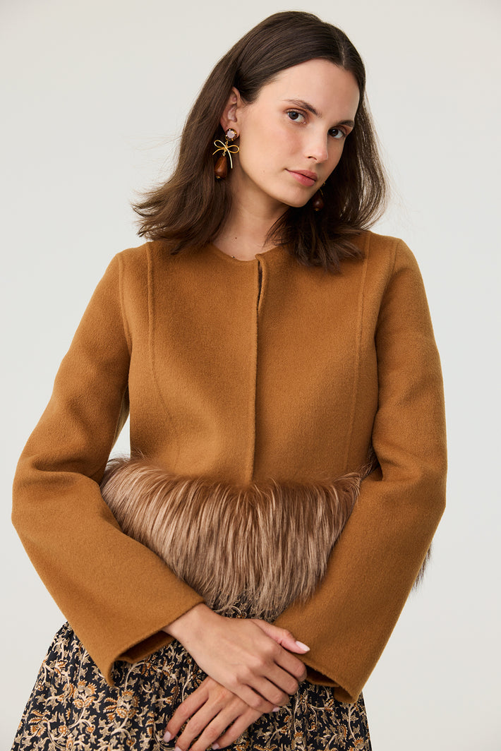 Crop Jacket with Fox Trim - Vicuna