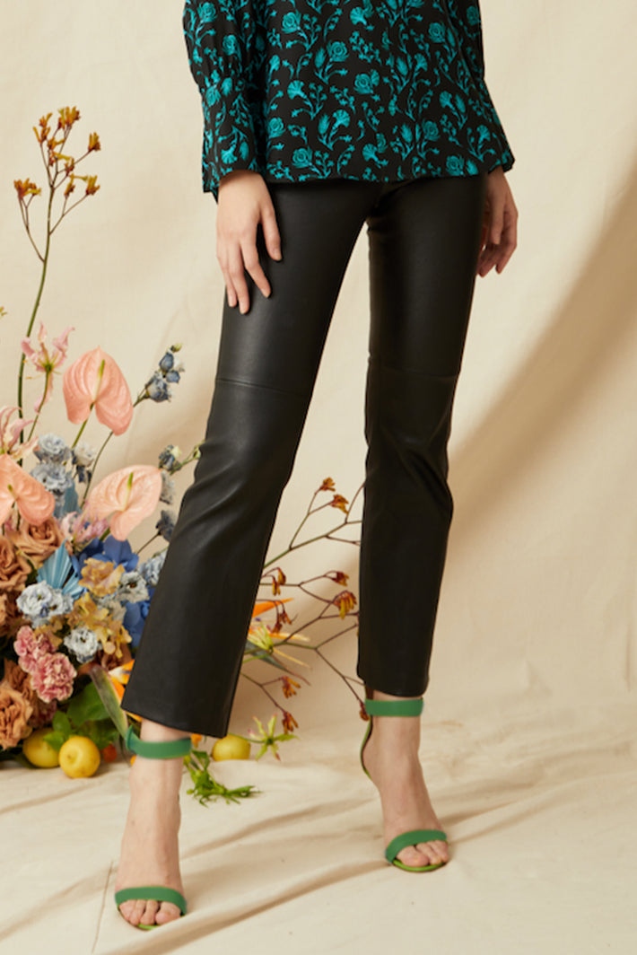 Crop Leather Kick Flare Pant - Black