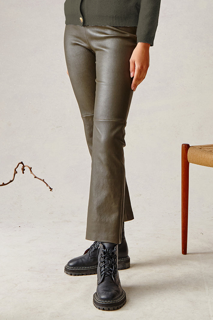 Crop Leather Kick Flare Pant - Olive