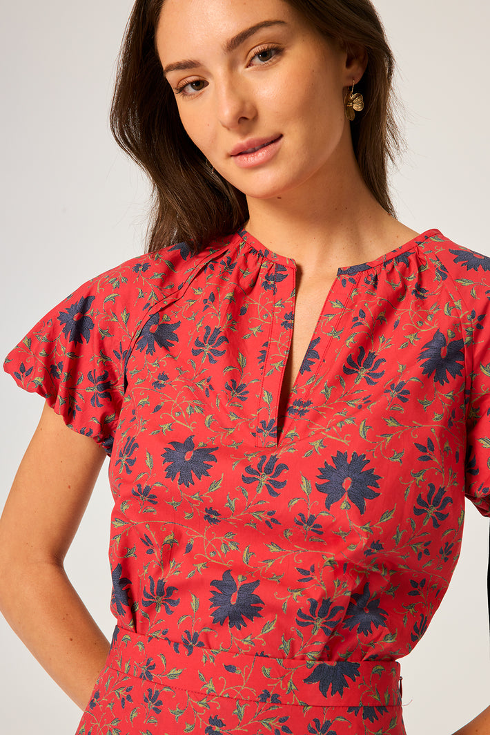 Elodie Blouse - Red Fleur Linen