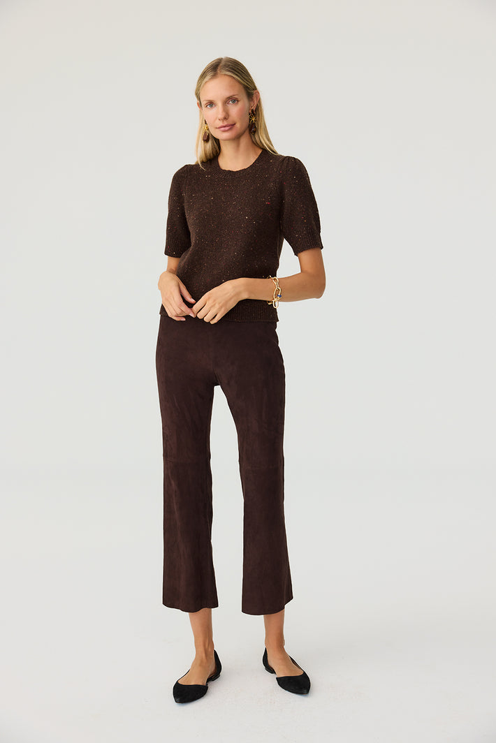 Full Length Leather Kick Flare Pant - Chocolate Suede