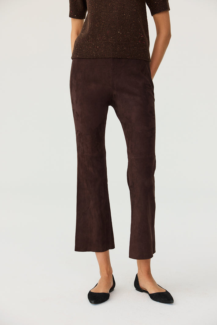 Full Length Leather Kick Flare Pant - Chocolate Suede