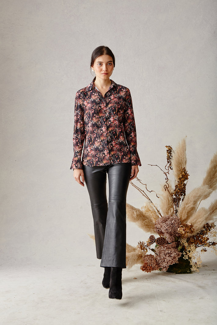 Full Length Leather Kick Flare Pant - Black Leather