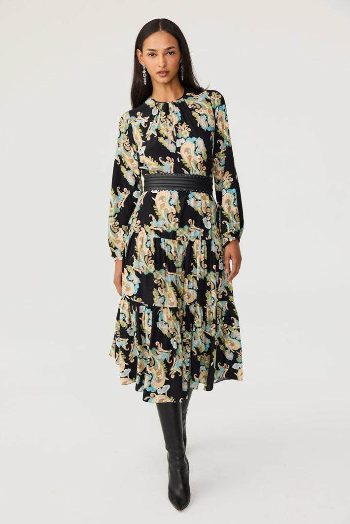 Keyhole Midi Dress - Black Paisley