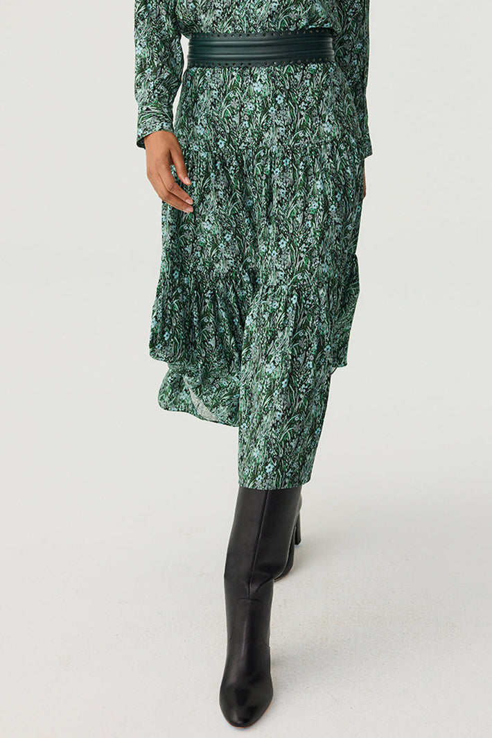 Tiered Midi Skirt - Emerald Wildflower Charmeuse