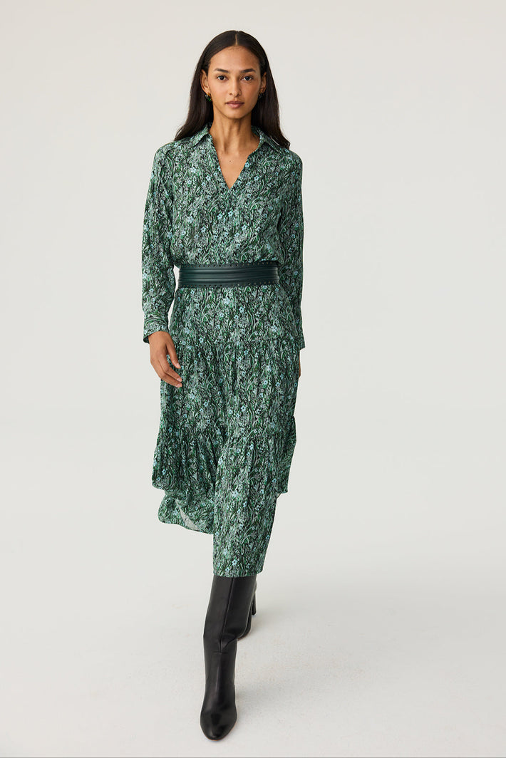 Tiered Midi Skirt - Emerald Wildflower Charmeuse