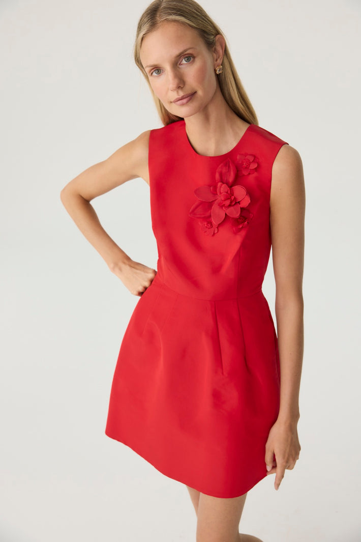 Bonita Dress - Red with Flower Embellishment