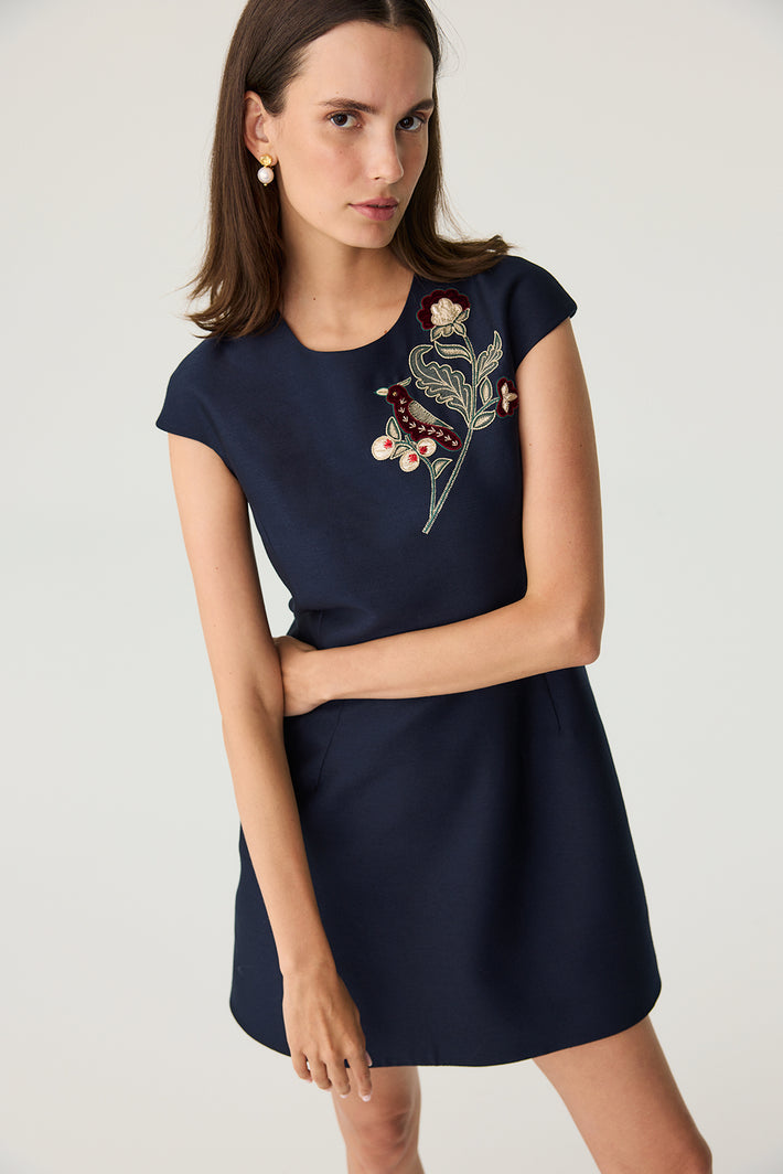 Camellia Dress in Navy Matte Silk Wool w/ Velvet Bird Embroidery