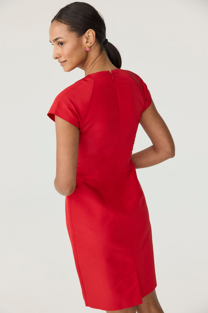 New Mercedes Dress - Red Silk Faille with Flower Embellishment