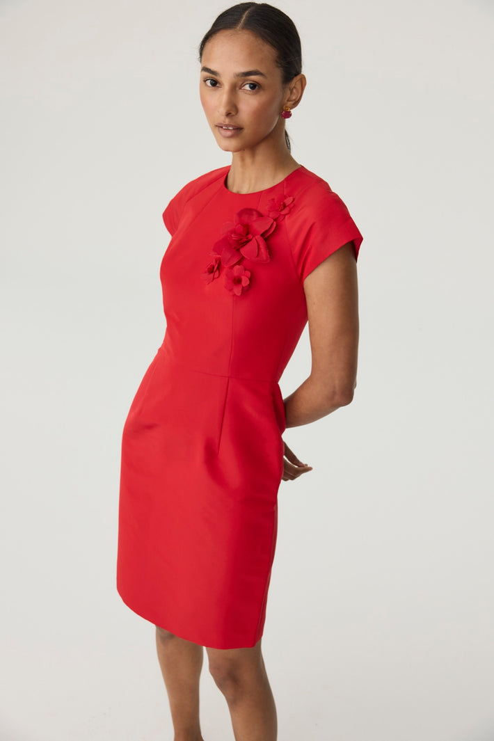 New Mercedes Dress - Red Silk Faille with Flower Embellishment