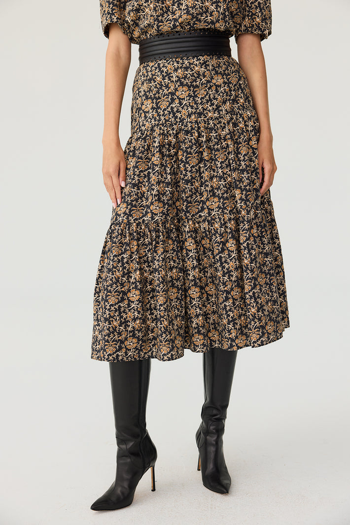 Tiered Midi Skirt - Amber Vine Sand Washed Silk