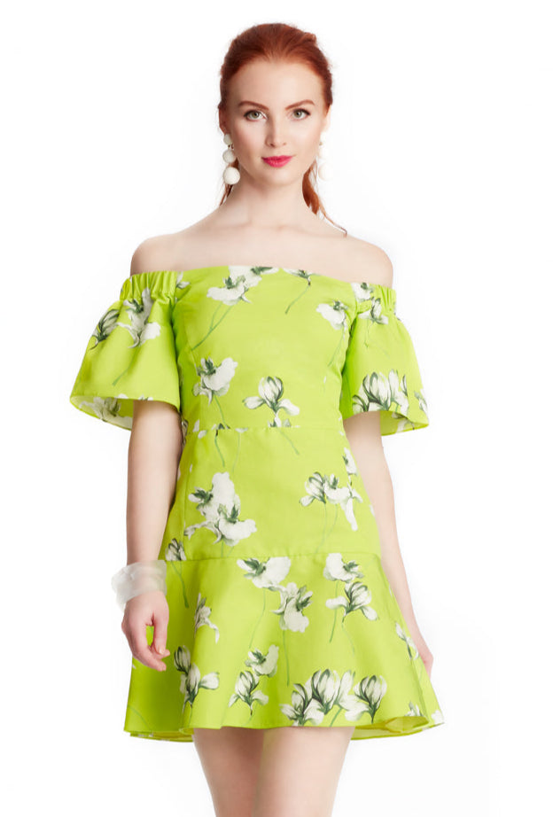Off the Shoulder Dress - Chartreuse Iris Cotton Faille