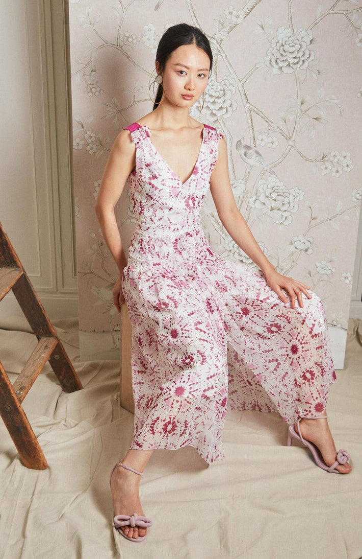 V Neck Crinkle Chiffon Dress in Pink Tie Dye