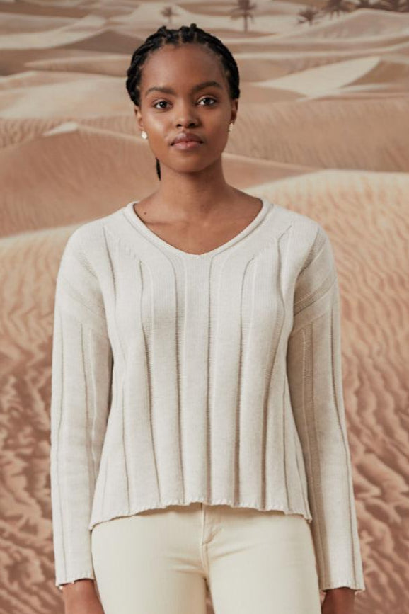 Wide Rib V Neck Sweater - Champagne