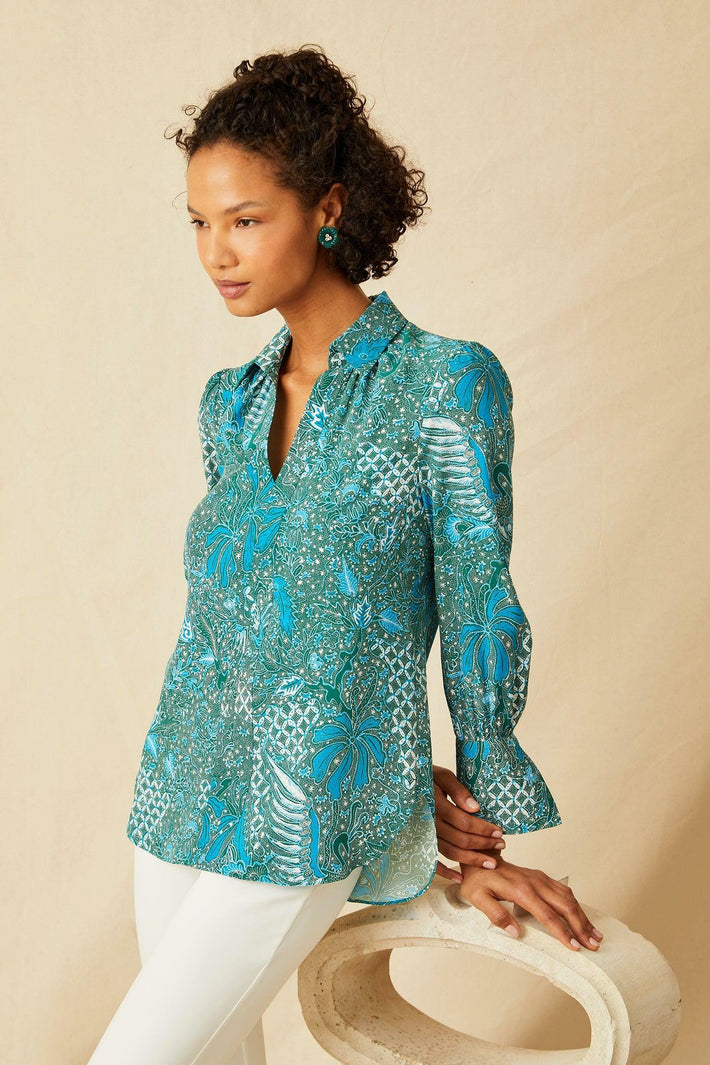 Laurel Blouse Aqua Trellis Silk Charmeuse