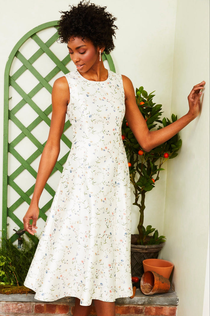 Midi Tank Dress in Ivory Floral Vine