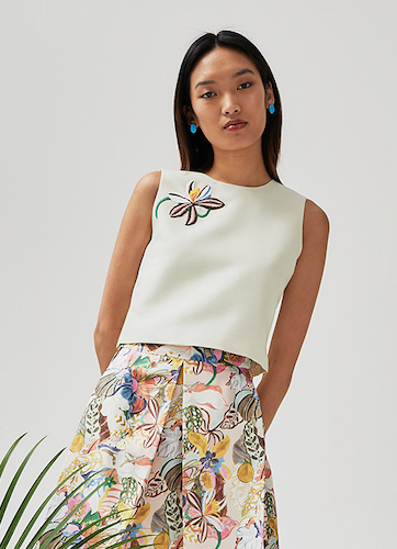 Crop Tank - Ivory Matte Silk Wool With Raffia Flower Embellishment