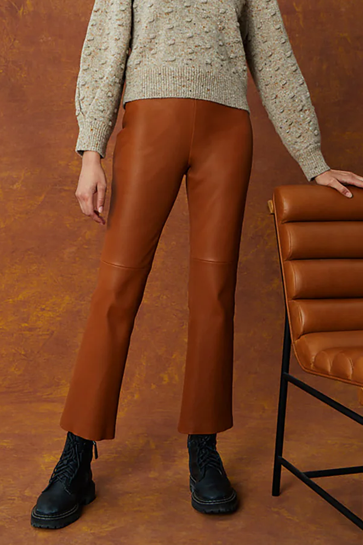 Leather Kick Flare Pant Crop - Saddle