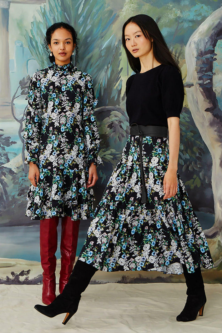 Tiered Midi Skirt - Black Blossom