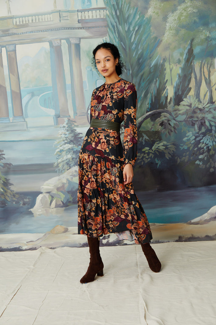 Keyhole Midi Dress - Olive Persian Paisley