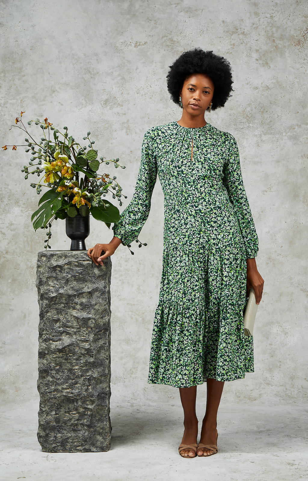 Keyhole Midi Dress - Verde Flores