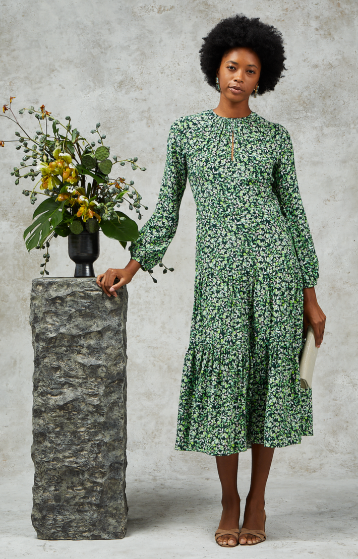 Keyhole Midi Dress - Verde Flores