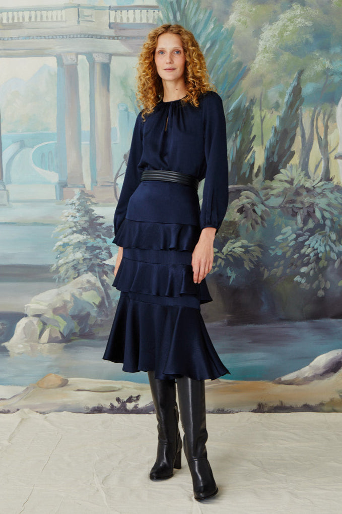 Cascade Ruffle Skirt - Navy Hammered Silk