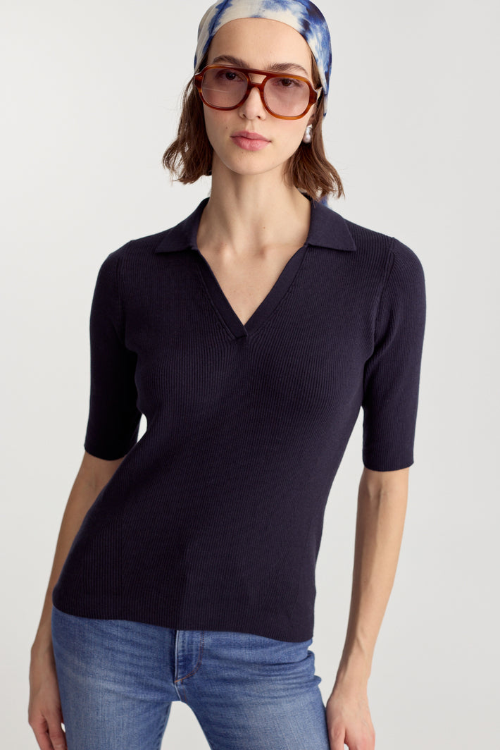 Short Sleeve Polo Sweater - Navy