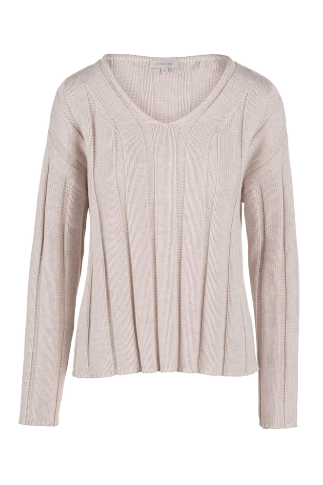 Wide Rib V Neck Sweater - Champagne