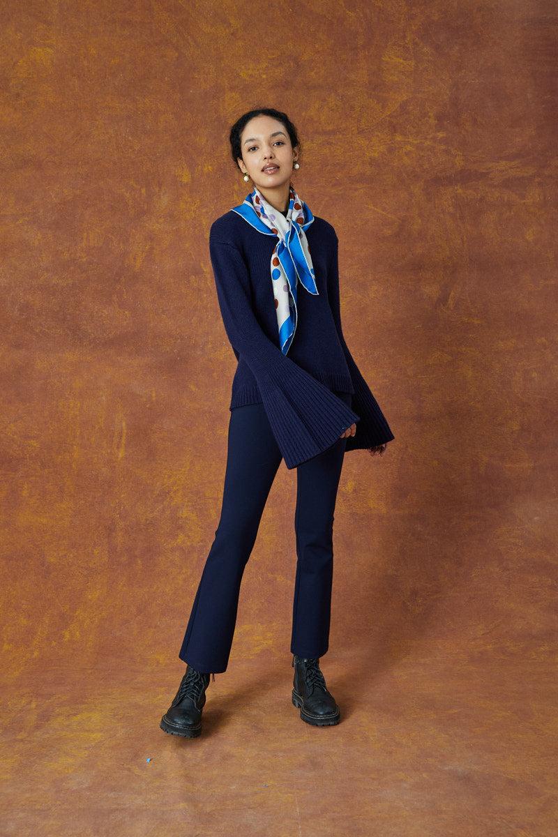 navy dress sweater with White Trim Luxury Touch Cotton and Cashmere Quarter Zip M A dress thats as easy going as it is easy on the eyes Trumpet Sleeve Sweater - Navy