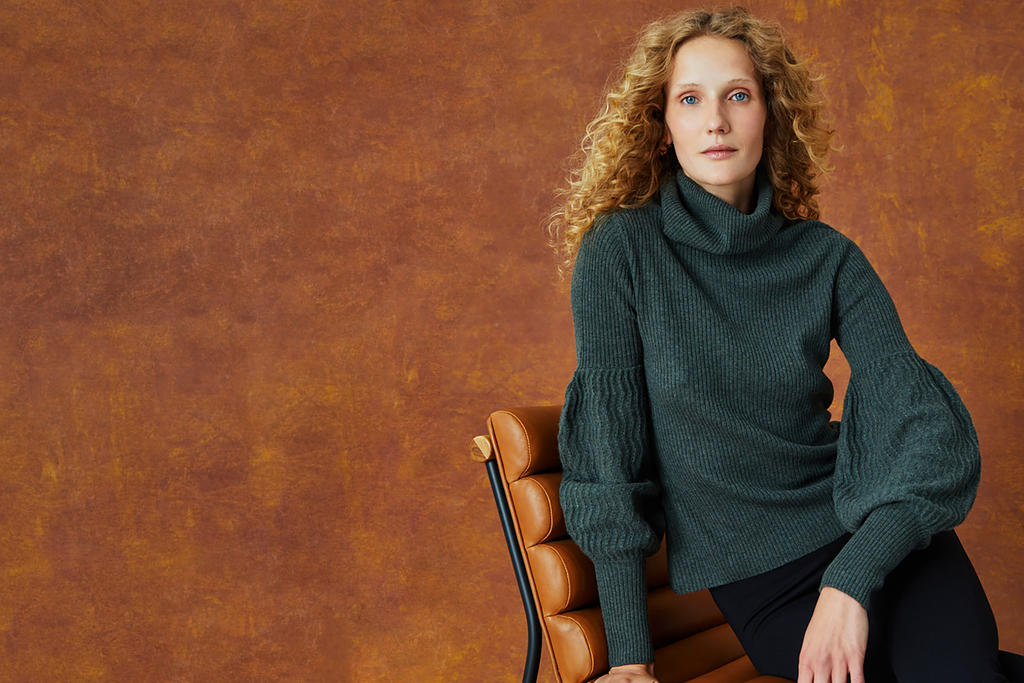 Charlotte Brody Fall 2023 Bulb Sleeve Turtleneck Sweater in Olive