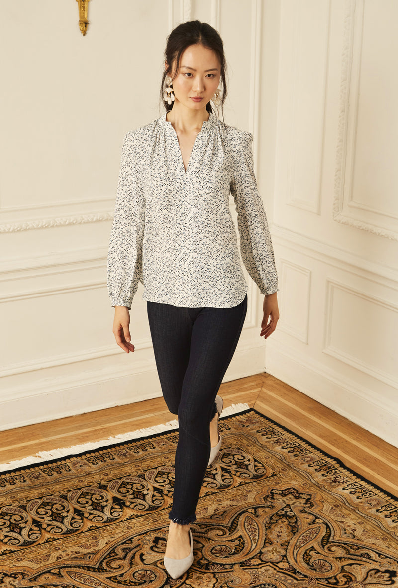 Long Sleeve Gathered Blouse - Bluebell