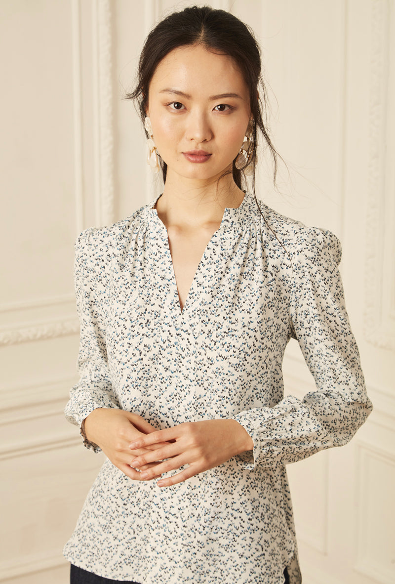 Long Sleeve Gathered Blouse - Bluebell