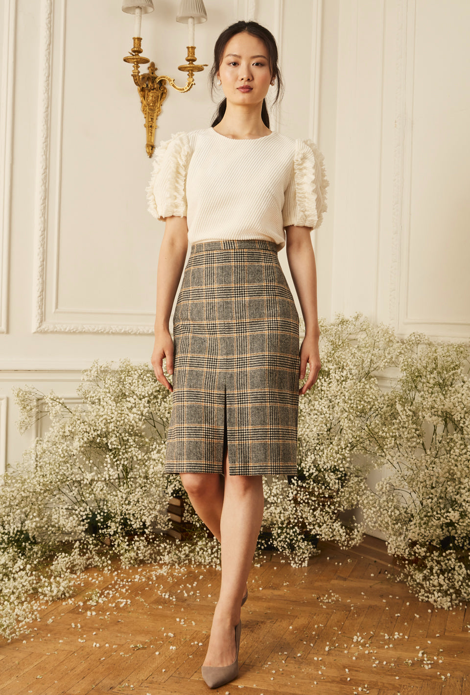 Slit Front Pencil Skirt -  Plaid Wool