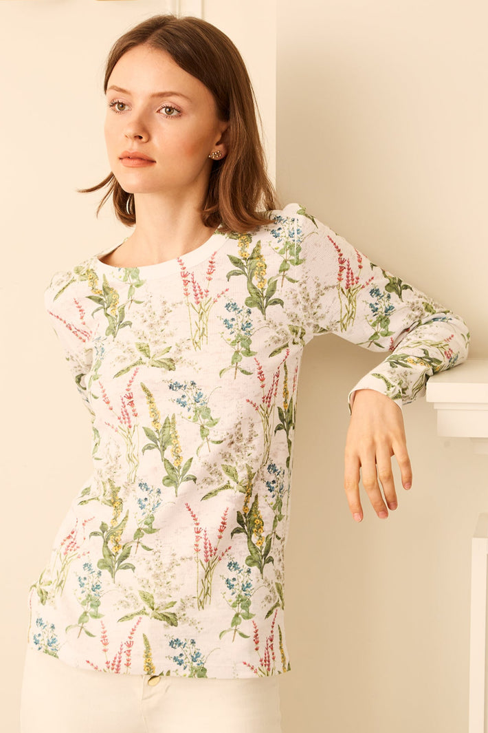 Long Sleeve Waffle Burnout Tee - White Millefleur