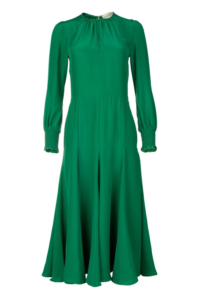 Smocked Keyhole Midi Dress - Emerald