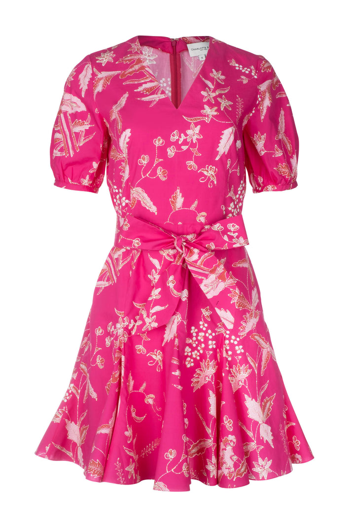 V-Neck Godet Dress - Fuchsia Jasmine Batik