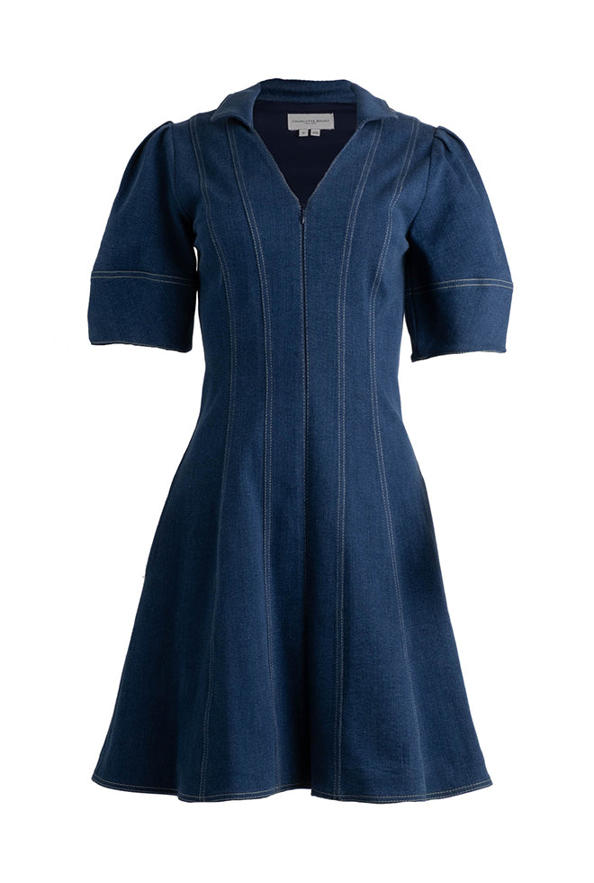 Lantern Sleeve Denim Dress - Blue