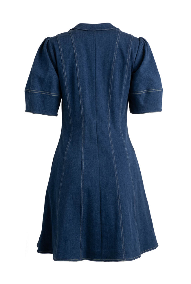 Lantern Sleeve Denim Dress - Blue