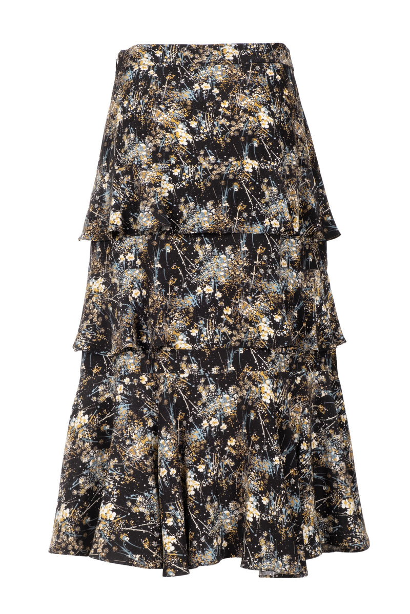 Cascade Ruffle Skirt - Denim Bursting Blooms